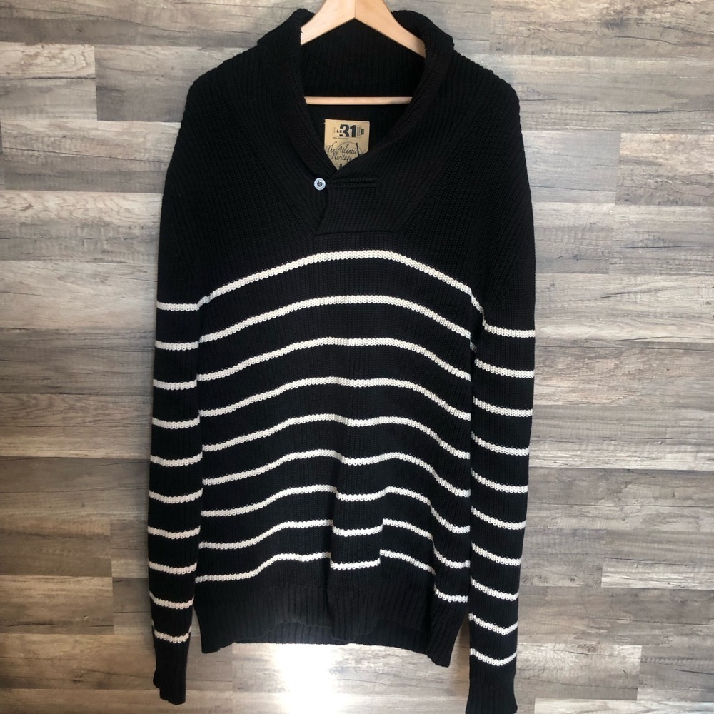 Coastal Marine Chunky Knit Black and White Striped Cotton Sweater XL - Picture 2 of 10